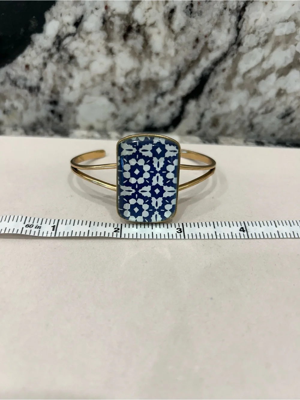 Barse Gold-Tone Blue Floral Tile Cuff Bracelet